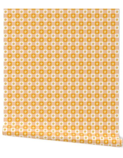 Marigold  and White Gingham Floral Check with Center Floral Medallions in Marigold and White Wallpaper