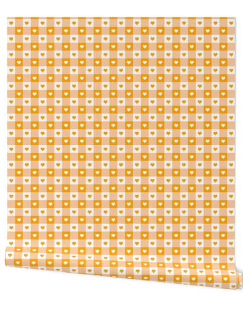Marigold and White Gingham Valentines Check with Center Heart Medallions in Marigold and White Wallpaper