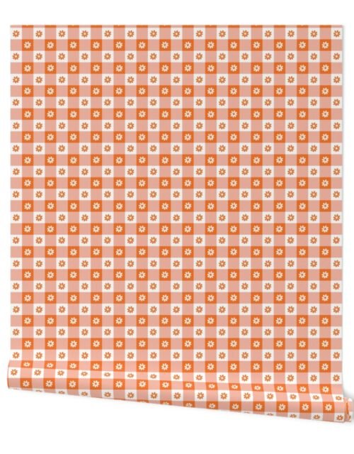 Carrot  and White Gingham Floral Check with Center Floral Medallions in Carrot and White Wallpaper