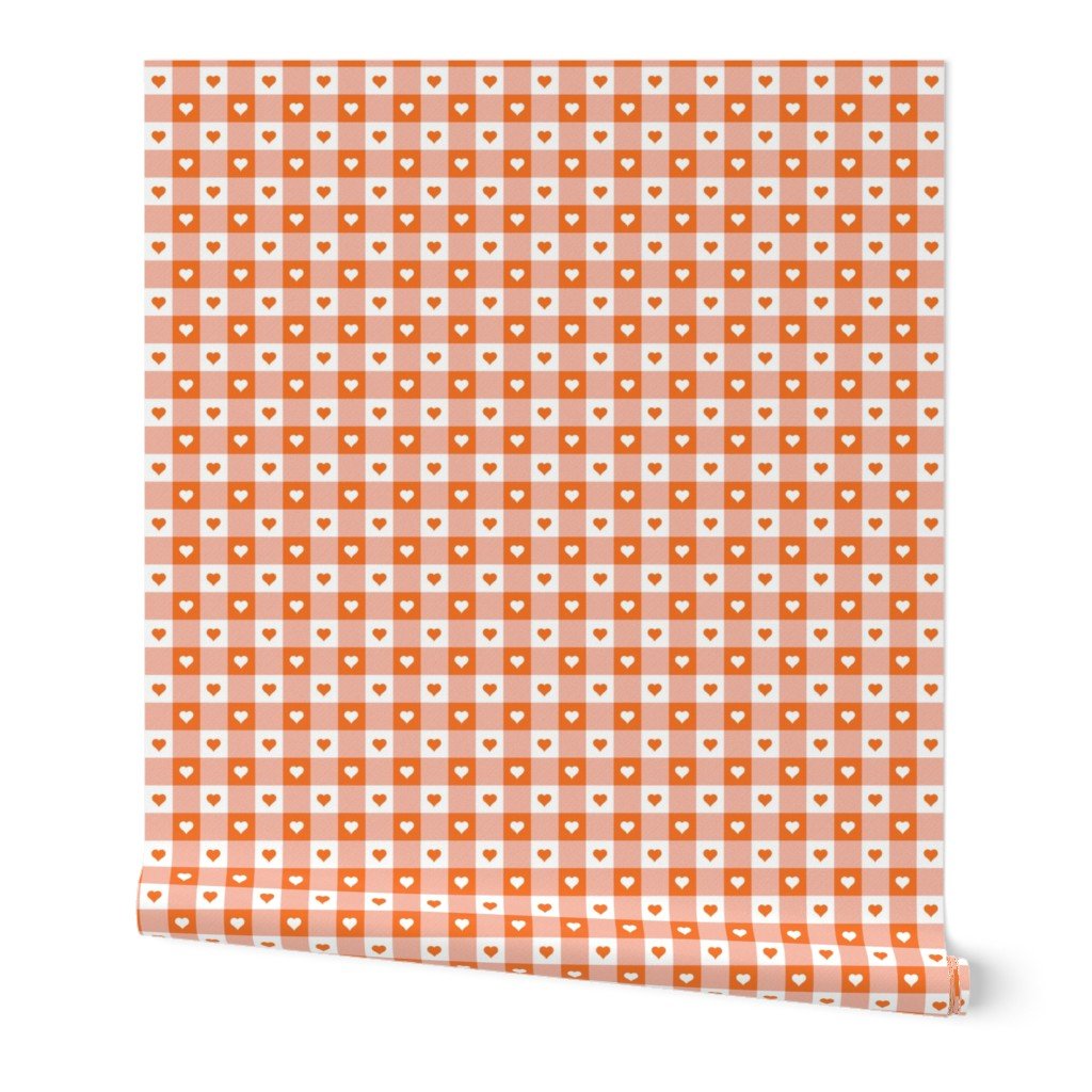 Carrot and White Gingham Valentines Check with Center Heart Medallions in Carrot and White Wallpaper Carrot and White Gingham Valentines Check with Center Heart Medallions in Carrot and White Wallpaper