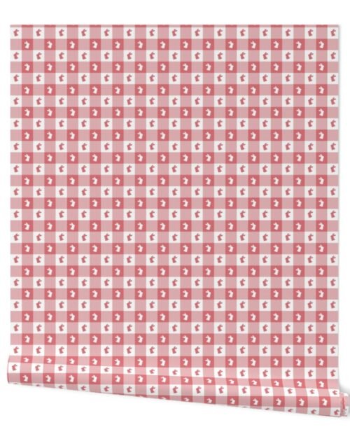 Watermelon and White Gingham Easter Check with Center Bunny Medallions in Watermelon and White Wallpaper
