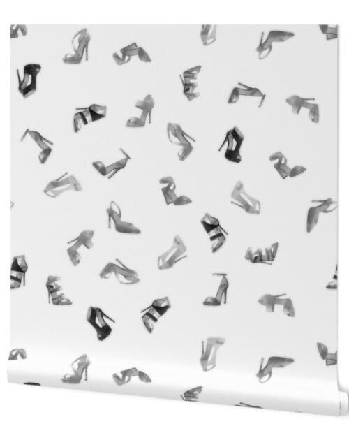 Vintage Black and White Watercolor High Heel Shoes Tossed Pattern Wallpaper