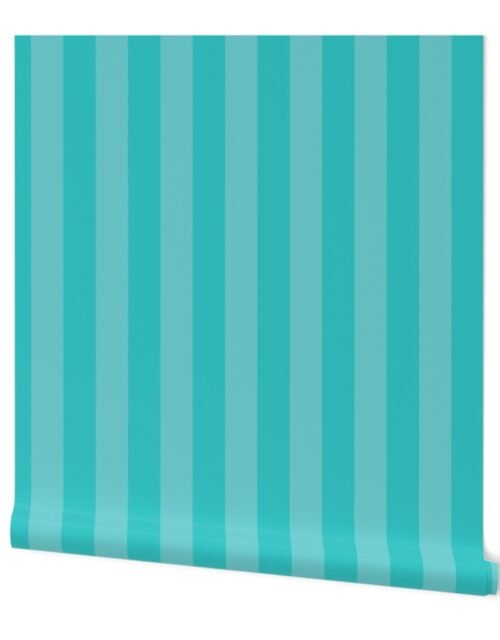 Aqua and Faded Aqua 2 Inch Vertical Cabana Stripes Wallpaper