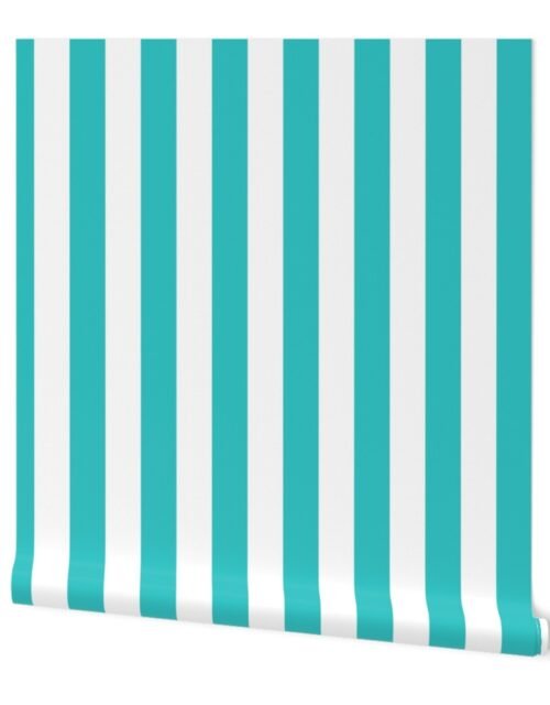 Aqua and White 2 Inch Vertical Cabana Stripes Wallpaper
