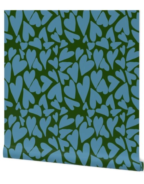 Crazy Jumbo Hearts in Blue on Evergreen Wallpaper