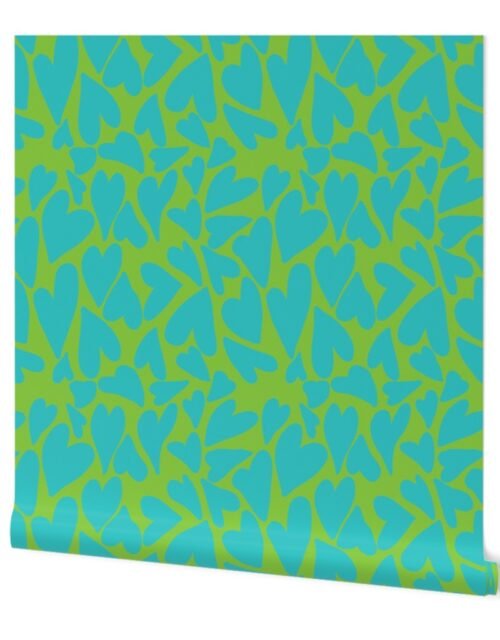 Crazy Jumbo Hearts in Aqua on Lime Wallpaper
