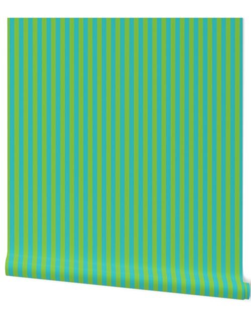 Aqua and Lime 1 /2 Inch Vertical Cabana Stripes Wallpaper
