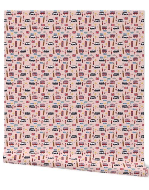 Small London England Handdrawn Motifs Big Ben, Union Jack, Palace Guard, Teatime, Black Cabs on  Pink Wallpaper