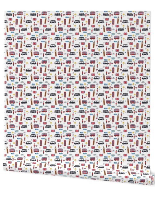 Small London England Handdrawn Motifs Big Ben, Union Jack, Palace Guard, Teatime, Black Cabs on White Wallpaper