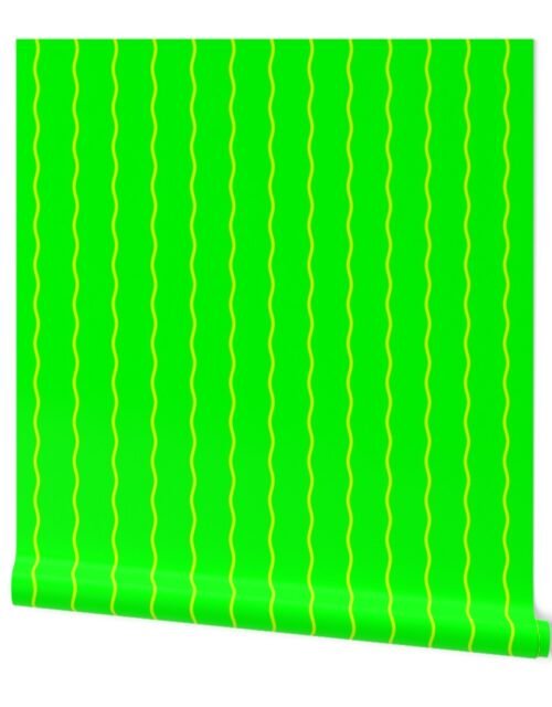 Single Squiggly Yellow Lines on Neon Green Wallpaper