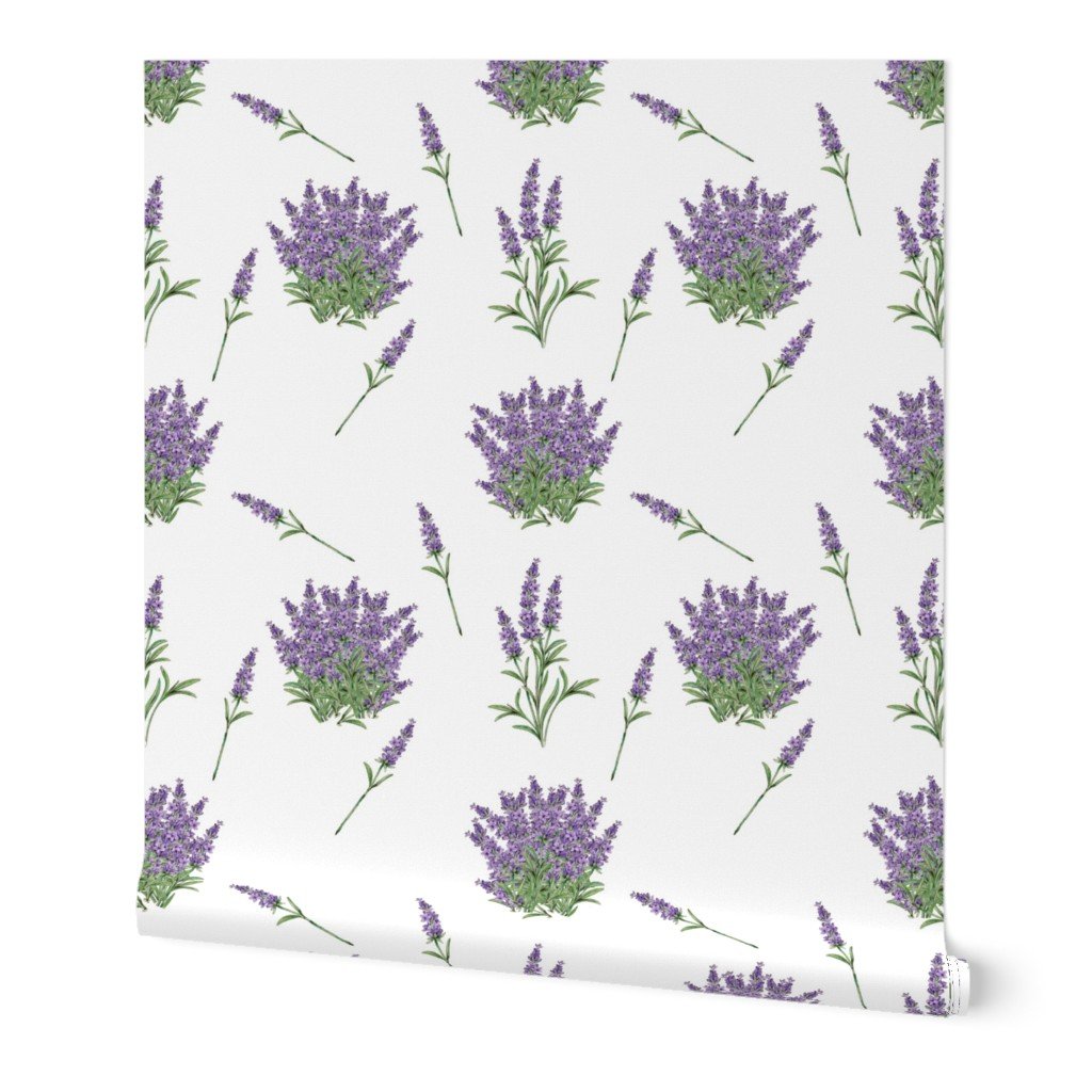 Lavender Floral Sprig on White Wallpaper Lavender Floral Sprig on White Wallpaper
