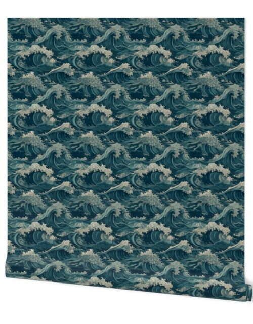 Japanese Woodcut Big Tsunami Waves in Shades of Blue Wallpaper