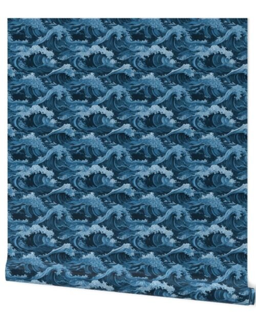 Japanese Woodcut Big Tsunami Waves in Shades of Mid-Blue Wallpaper