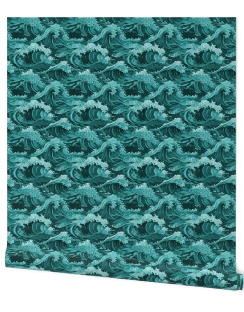 Japanese Woodcut Big Tsunami Waves in Shades of Aqua Blue Wallpaper