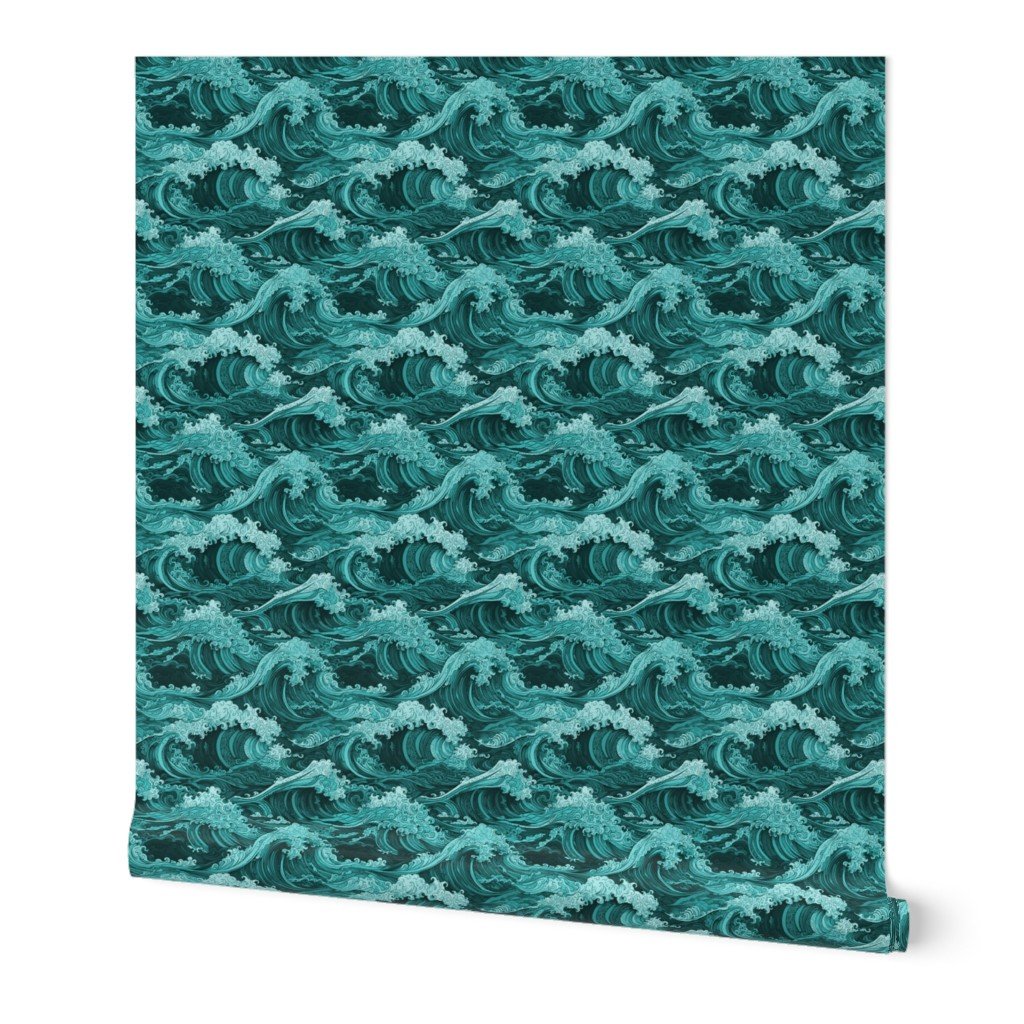 Japanese Woodcut Big Tsunami Waves in Shades of Aqua Blue Wallpaper Japanese Woodcut Big Tsunami Waves in Shades of Aqua Blue Wallpaper