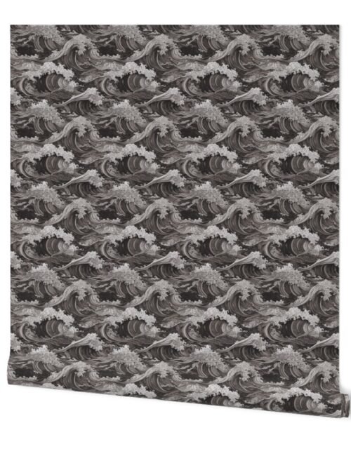 Japanese Woodcut Big Tsunami Waves in Shades of Grey Wallpaper
