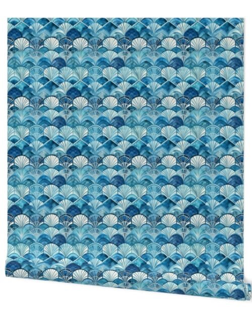 Art Deco Watercolor Fans in Blue Wallpaper