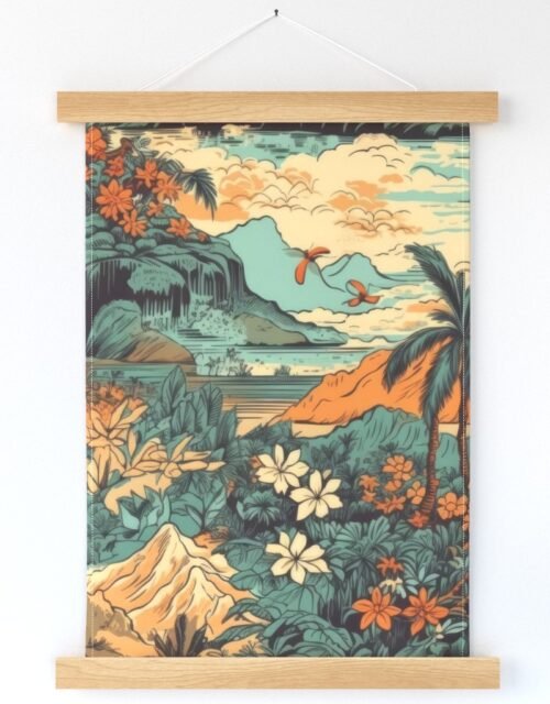 Vintage Hawaiian Landscape Teal Wall Hanging