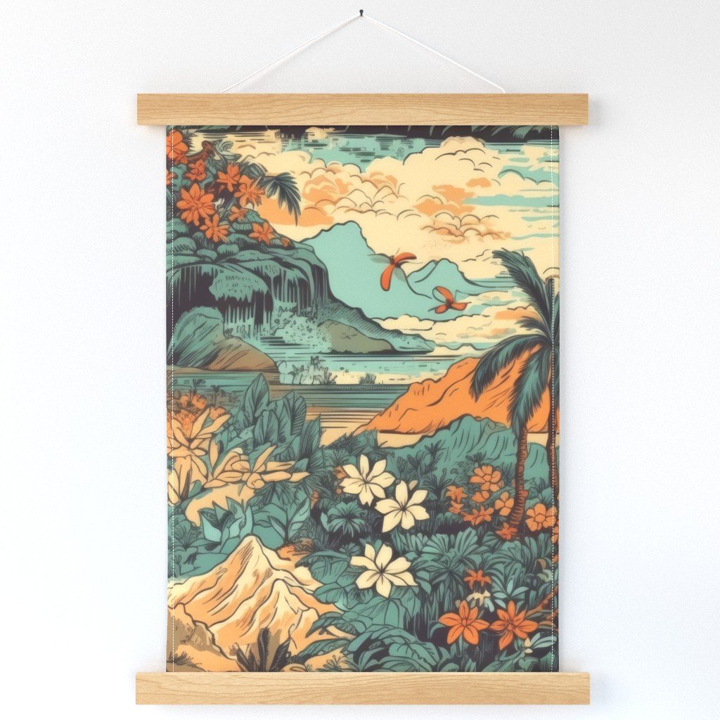 Vintage Hawaiian Landscape Teal Wall Hanging Vintage Hawaiian Landscape Teal Wall Hanging