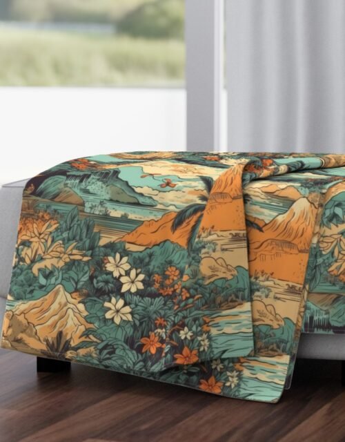 Vintage Hawaiian Landscape Teal Throw Blanket