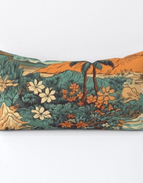 Vintage Hawaiian Landscape Teal Lumbar Throw Pillow