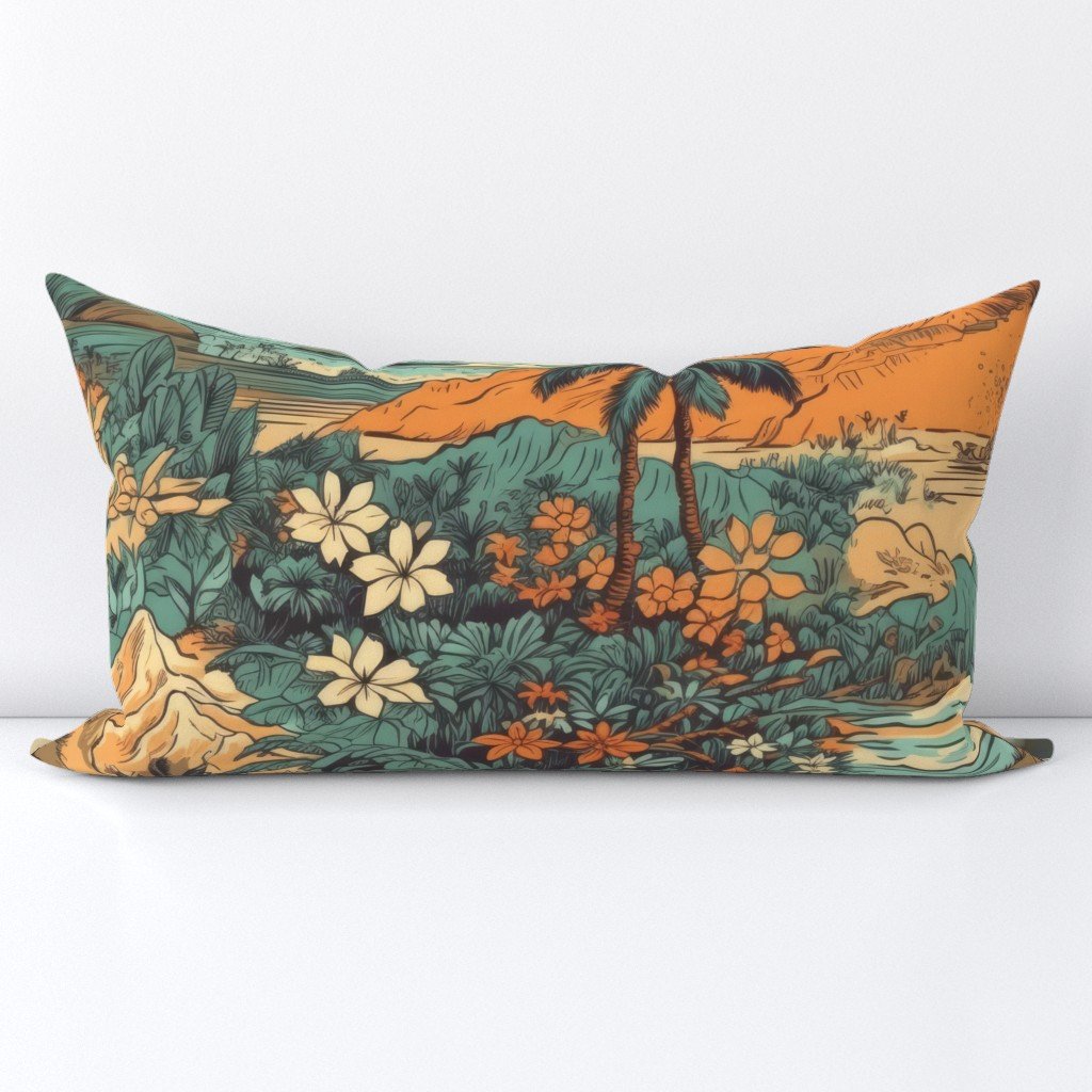 Vintage Hawaiian Landscape Teal Lumbar Throw Pillow Vintage Hawaiian Landscape Teal Lumbar Throw Pillow