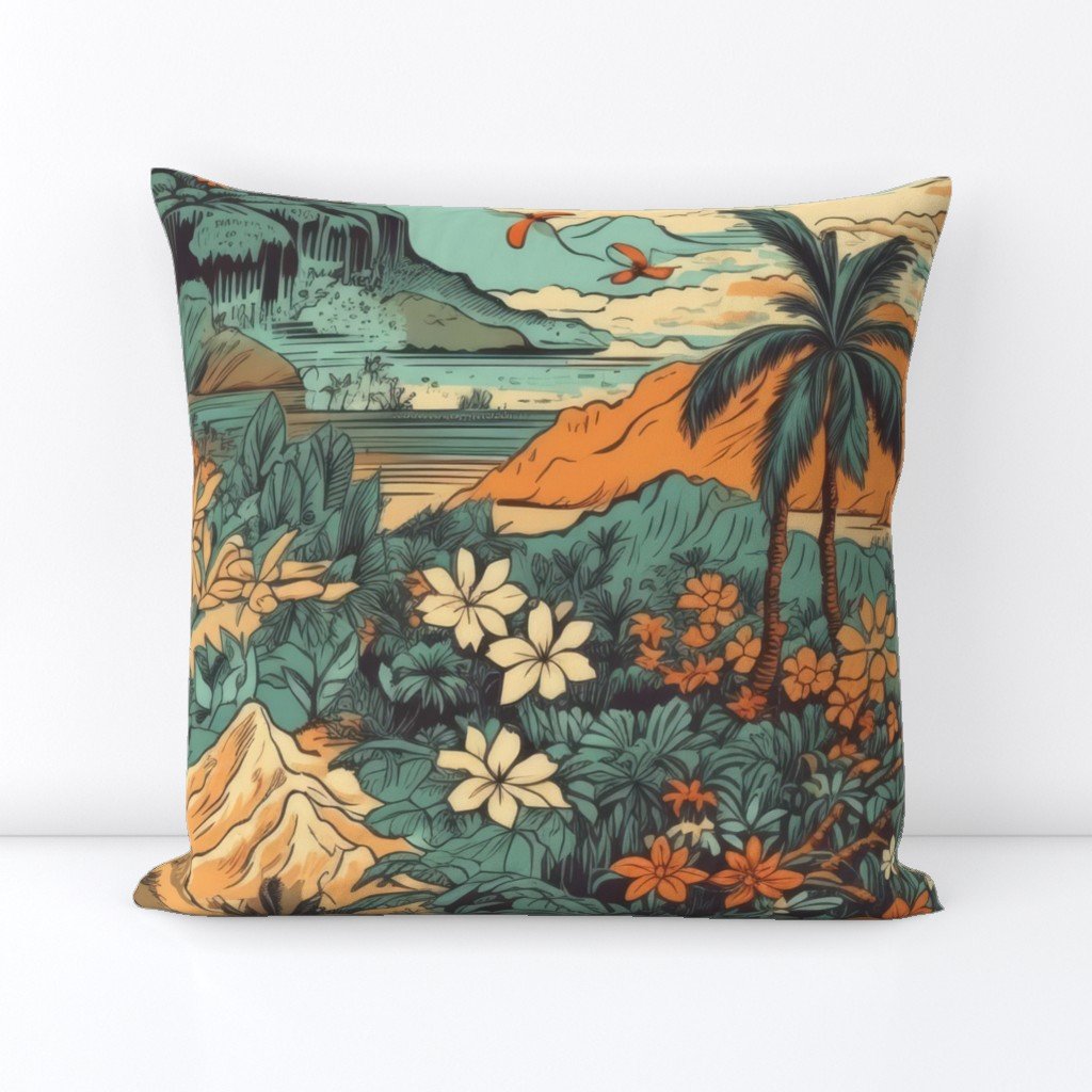 Vintage Hawaiian Landscape Teal Square Throw Pillow Vintage Hawaiian Landscape Teal Square Throw Pillow