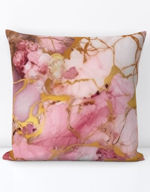 Rose Quartz and Gold Alcohol Ink 4 Square Throw Pillow