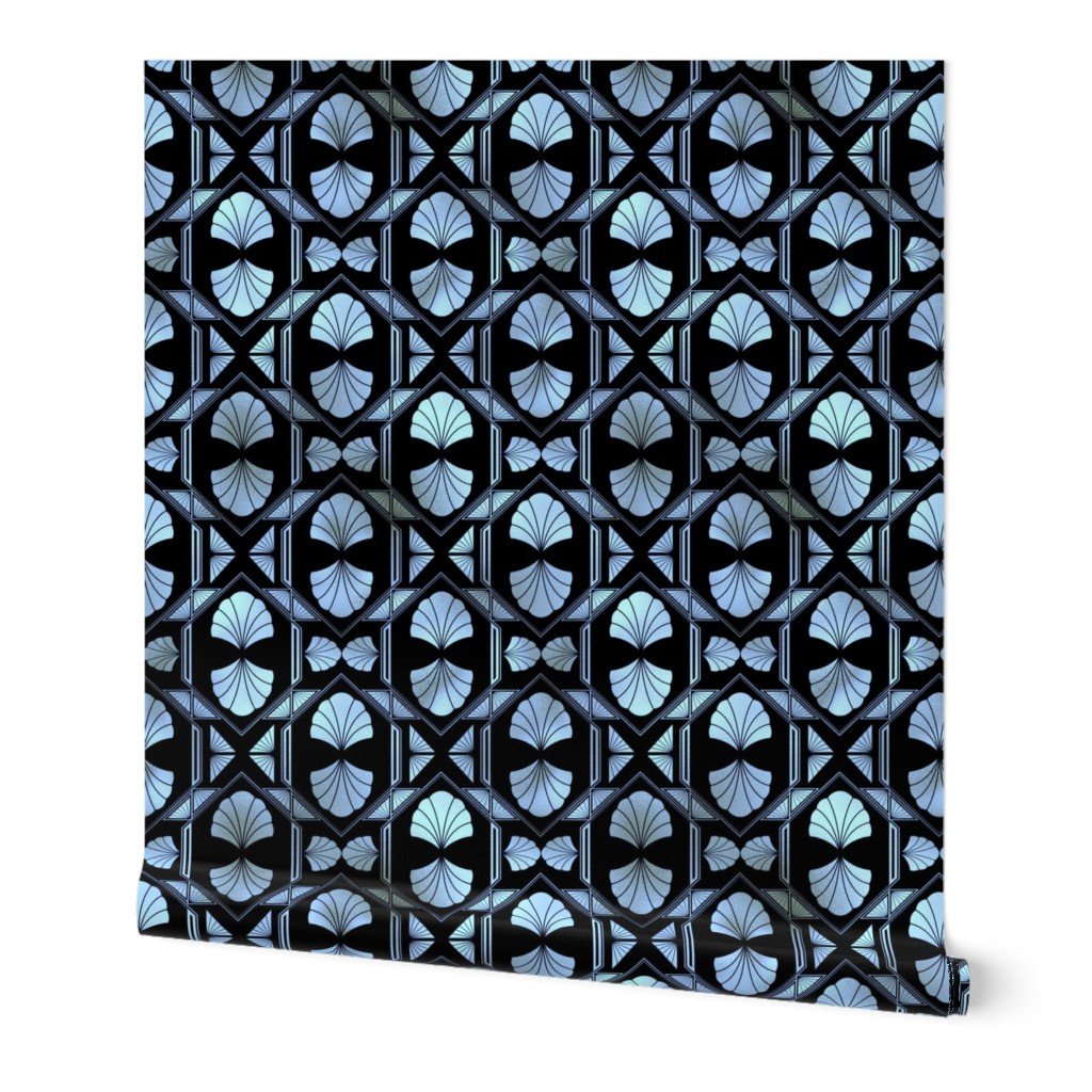 Scallop Shells in Black and Pearl Art Deco Vintage Foil Pattern Wallpaper Scallop Shells in Black and Pearl Art Deco Vintage Foil Pattern Wallpaper