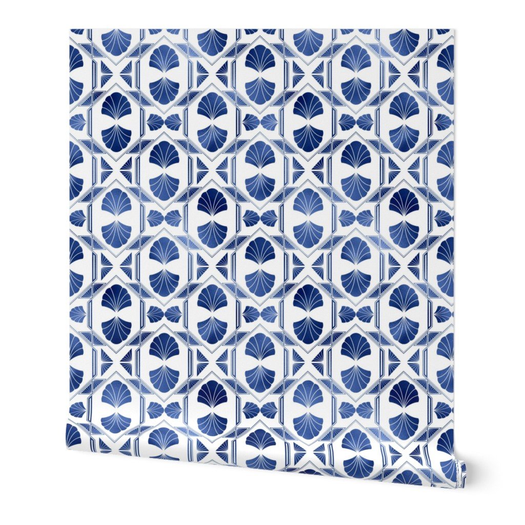 Scallop Shells in Blue and White Art Deco Vintage Foil Pattern Wallpaper Scallop Shells in Blue and White Art Deco Vintage Foil Pattern Wallpaper