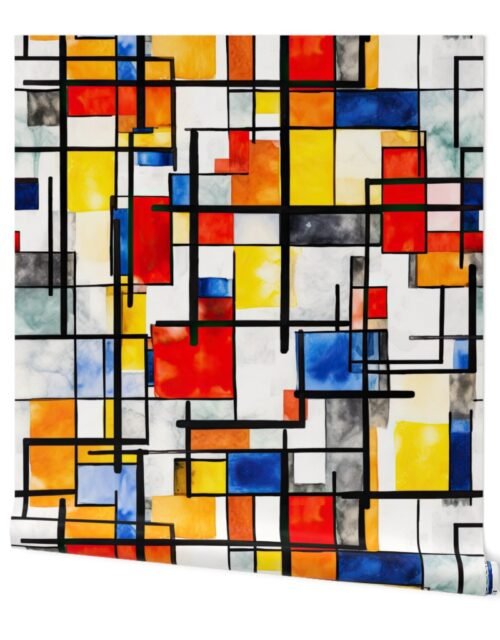 Classic De Stijl Geometric Primary Color Pattern in Watercolor Wallpaper
