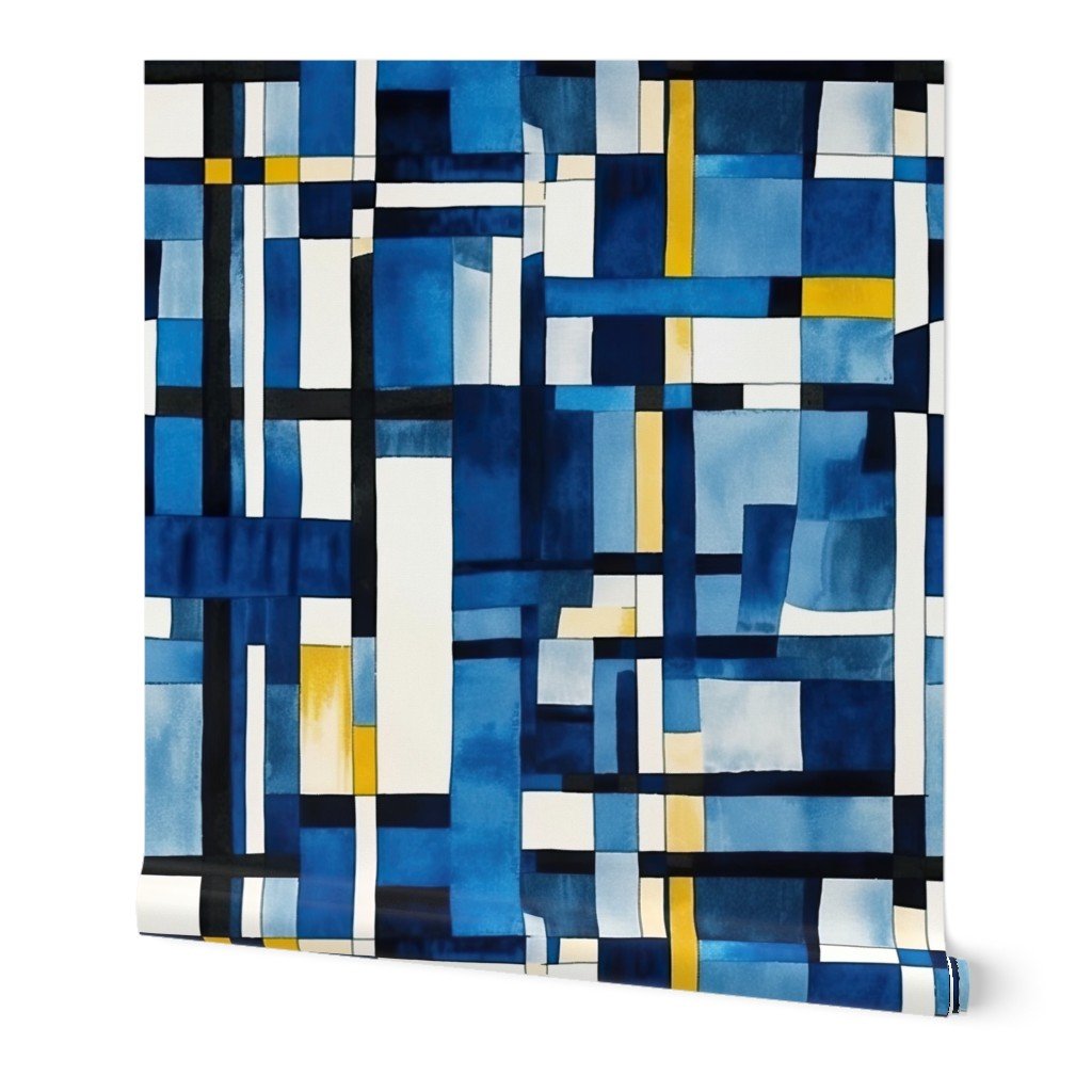 De_Stijl Geometric Primary Color Pattern in Blue Watercolor Wallpaper De_Stijl Geometric Primary Color Pattern in Blue Watercolor Wallpaper