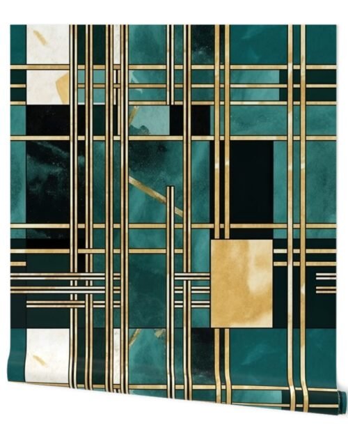 De_Stijl Geometric Art Deco Watercolor Pattern in Jade and Gold Wallpaper