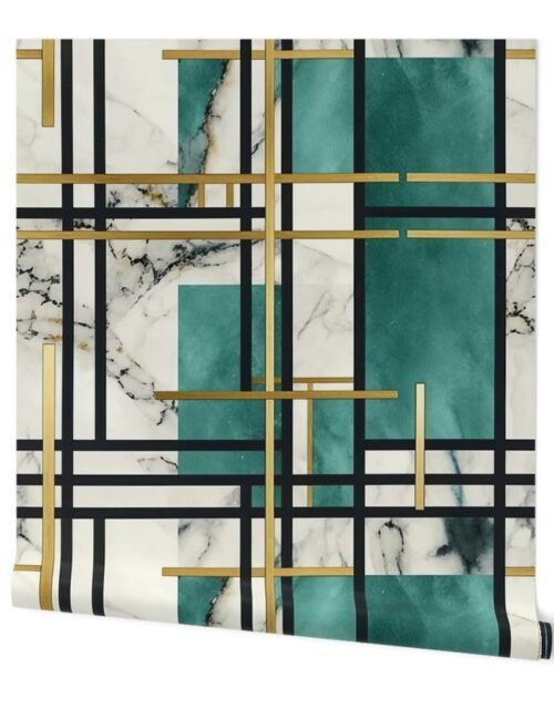 De_Stijl Geometric Art Deco Watercolor Pattern in Jade and Gold Wallpaper