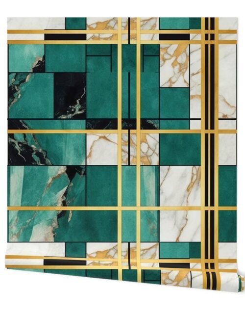 De_Stijl Geometric Art Deco Watercolor Pattern in Jade and Gold Wallpaper