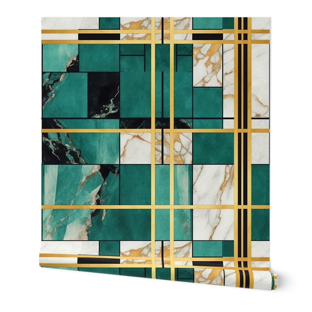 De_Stijl Geometric Art Deco Watercolor Pattern in Jade and Gold Wallpaper De_Stijl Geometric Art Deco Watercolor Pattern in Jade and Gold Wallpaper