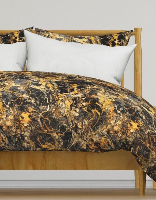 Black and Gold Drip Paint Splatter Technique Duvet Cover