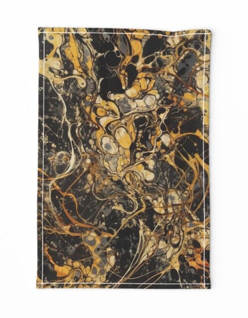 Black and Gold Drip Paint Splatter Technique Tea Towel