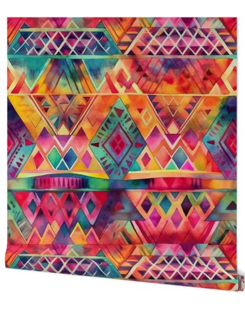 Bright Watercolor Aztec Geometric Pattern Wallpaper