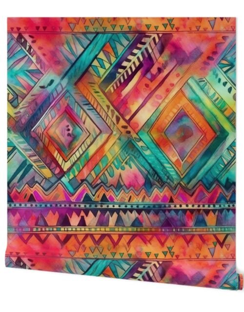 Bright Watercolor Aztec Geometric Pattern Wallpaper