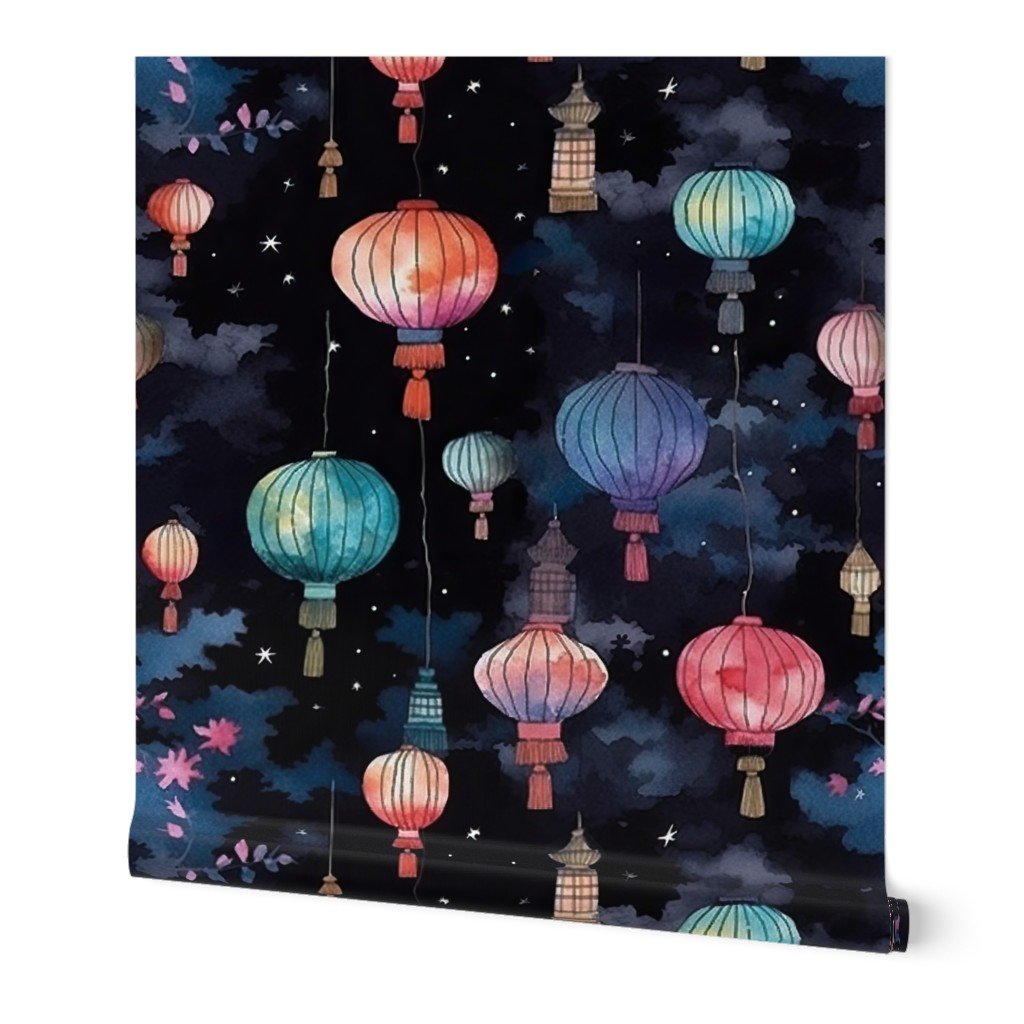 Watercolor Multi-Colored Chinese Paper Lanterns Wallpaper