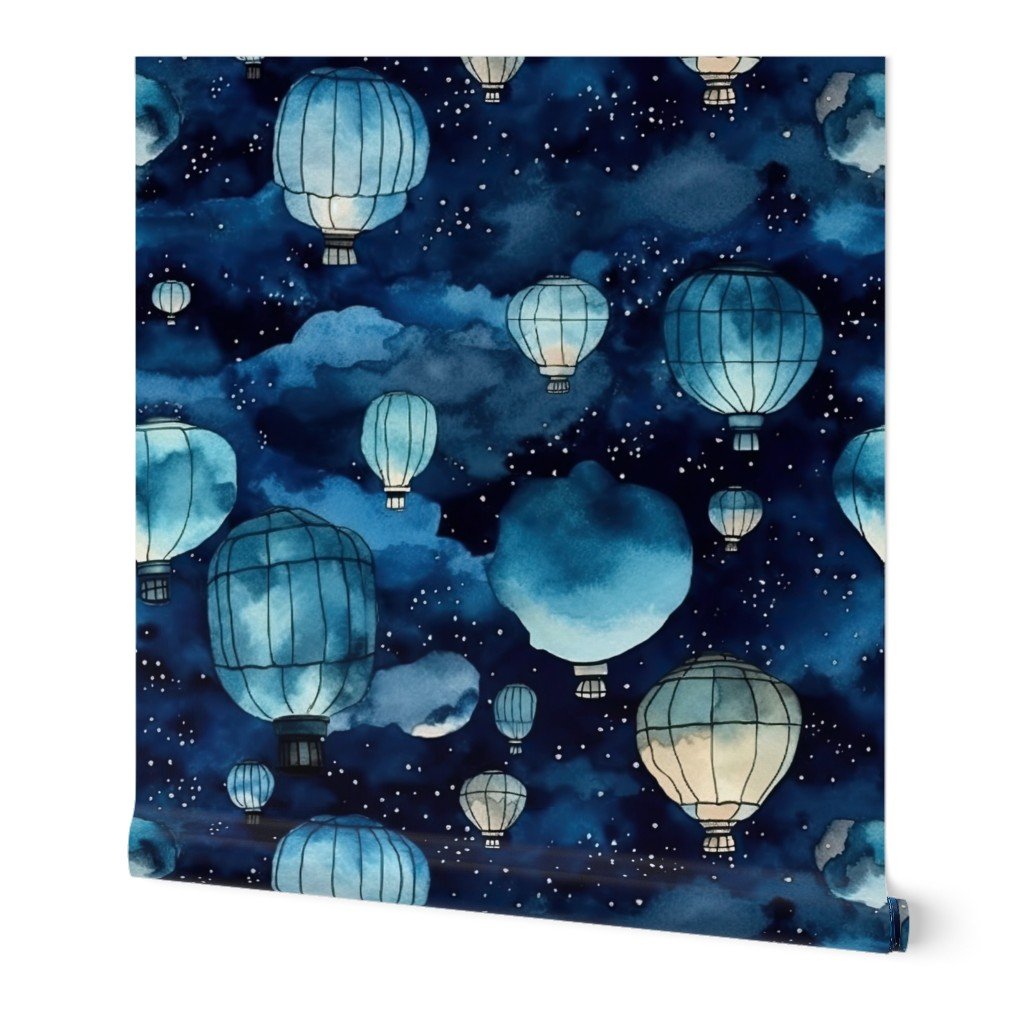 Watercolor Blue Colored Chinese Paper Lanterns Wallpaper