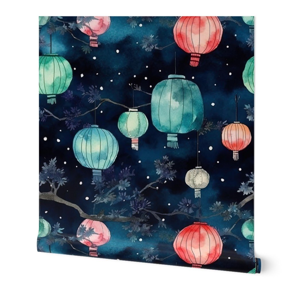 Watercolor Multi-Colored Chinese Paper Lanterns Wallpaper