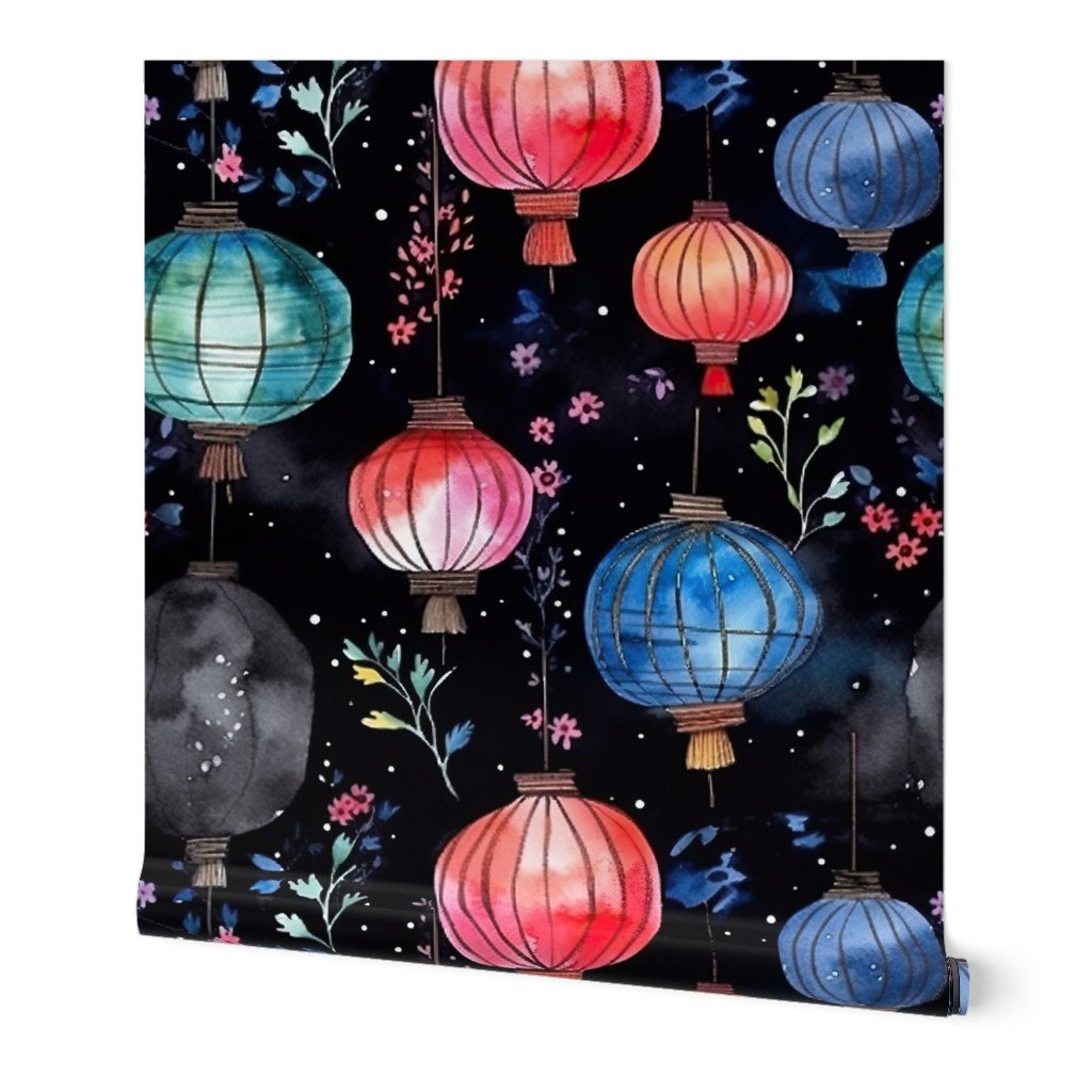 Watercolor Multi-Colored Chinese Paper Lanterns Wallpaper Watercolor Multi-Colored Chinese Paper Lanterns Wallpaper