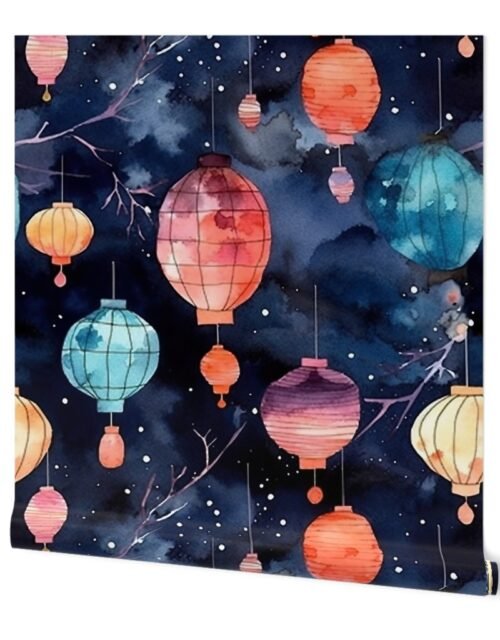 Watercolor Multi-Colored Chinese Paper Lanterns Wallpaper