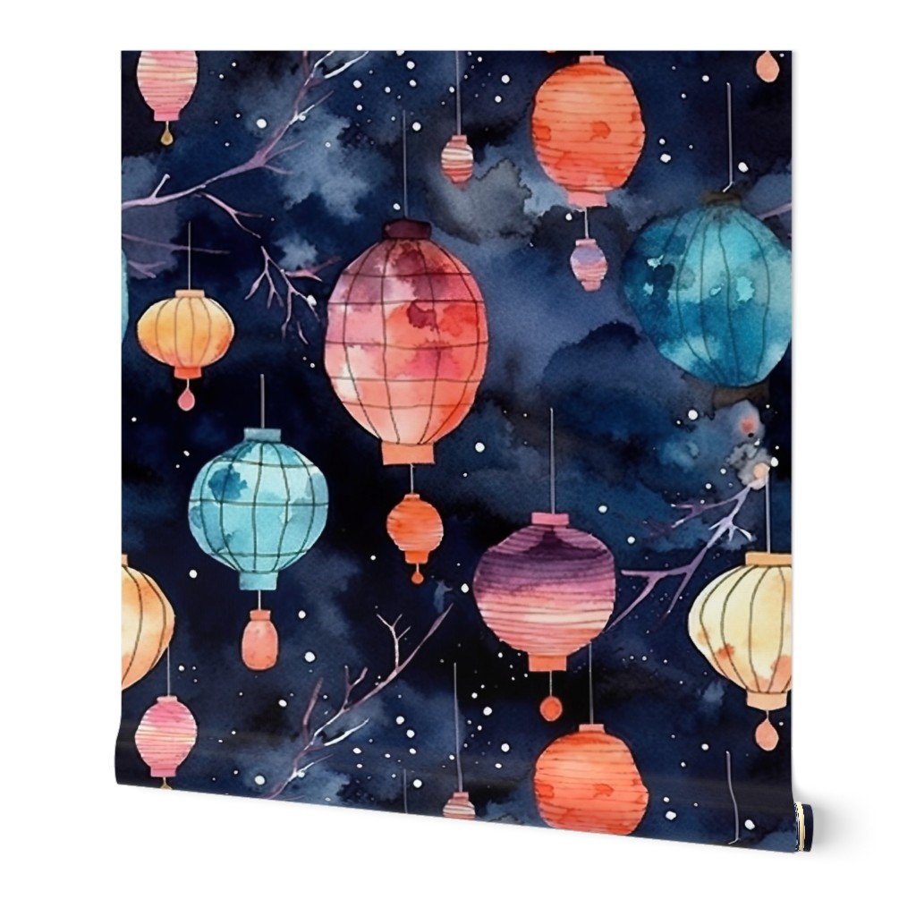 Watercolor Multi-Colored Chinese Paper Lanterns Wallpaper