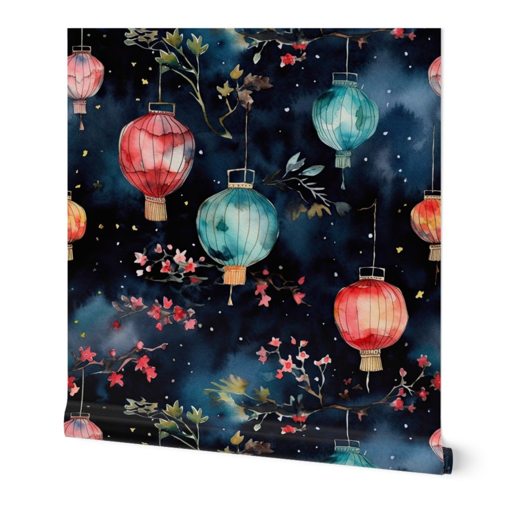 Watercolor Multi-Colored Chinese Paper Lanterns Wallpaper