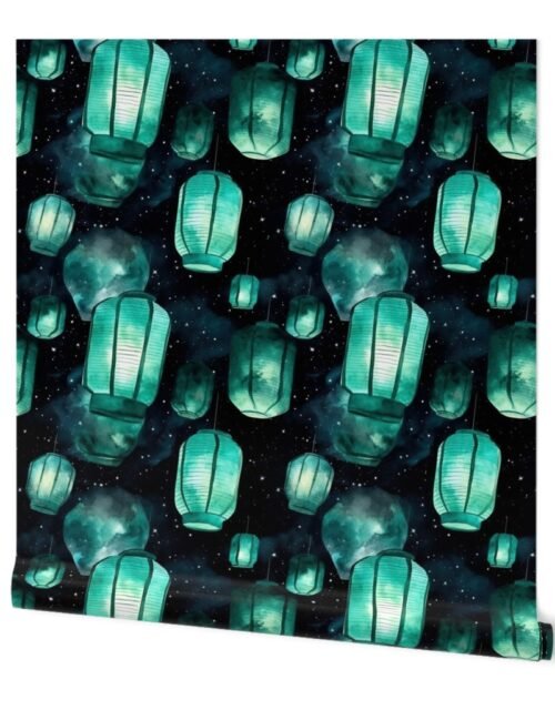 Small Jade Green Glowing Chinese Paper Lanterns Watercolor Wallpaper
