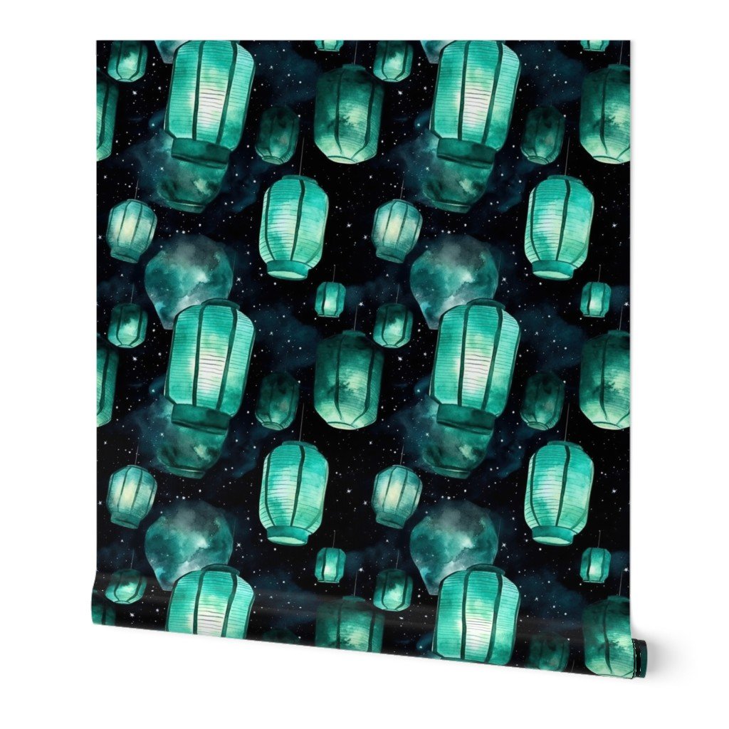Small Jade Green Glowing Chinese Paper Lanterns Watercolor Wallpaper Small Jade Green Glowing Chinese Paper Lanterns Watercolor Wallpaper