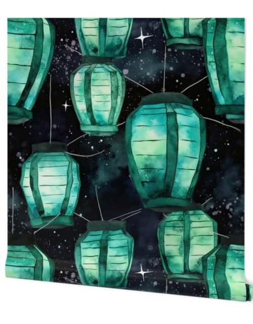 Jade Green Glowing Chinese Paper Lanterns Watercolor Wallpaper